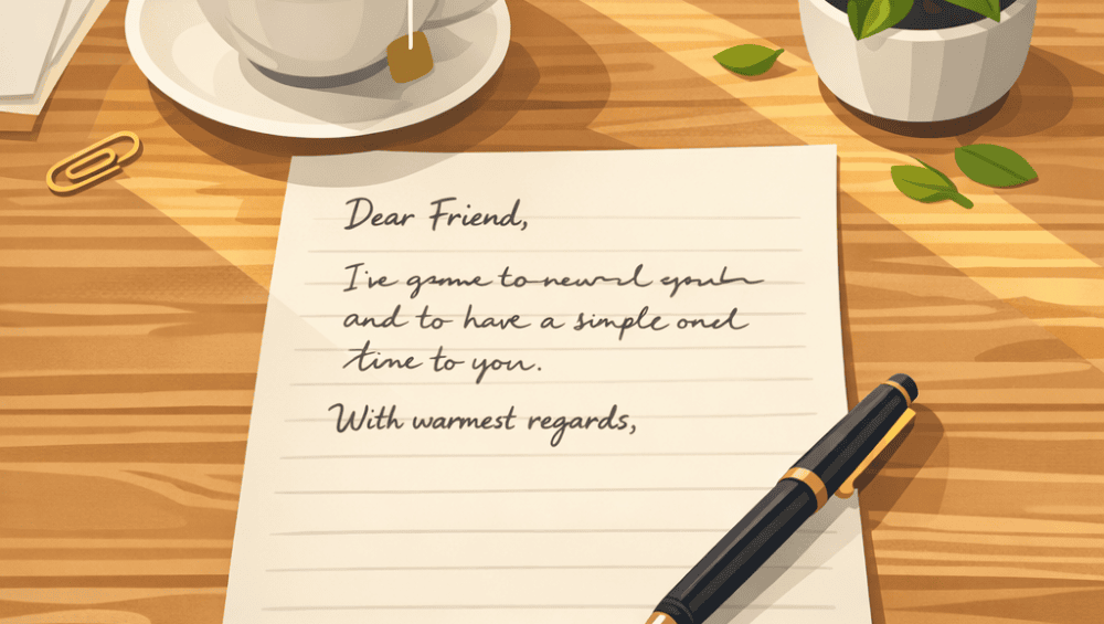 A carefully written debt settlement letter on a desk with a pen and tea