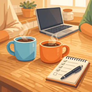 A couple's kitchen table set up for working through a debt settlement plan together